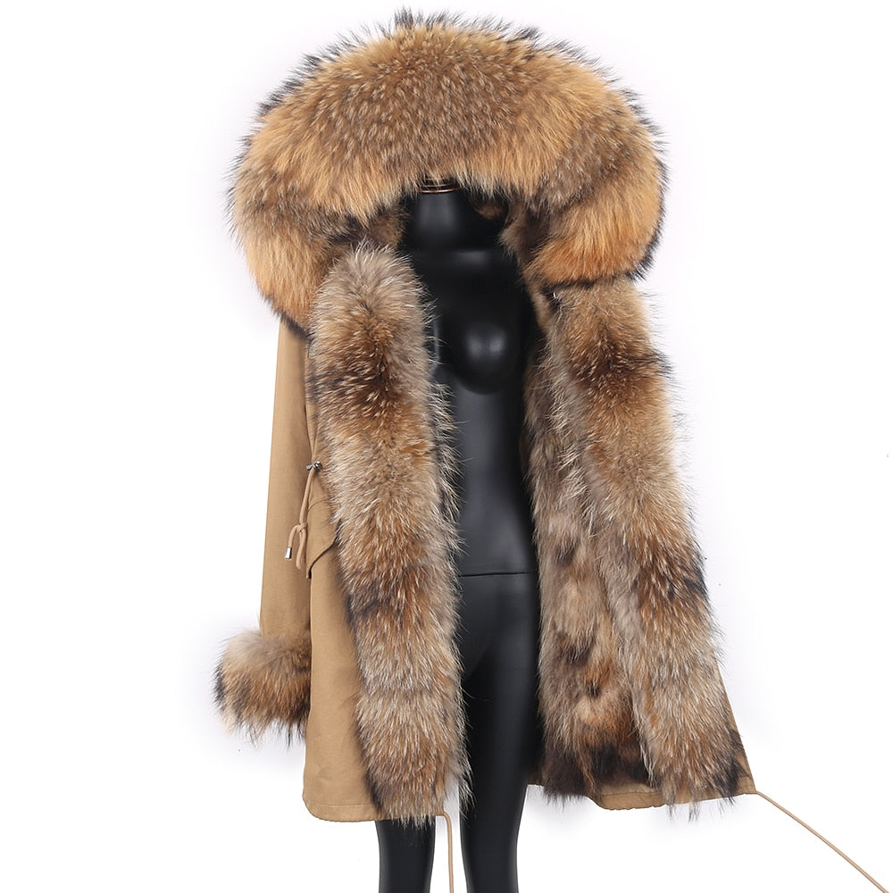 Fashion Big Fur Outerwear Detachable Winter Jacket Women Real Fur Liner Natural Real Silve Fur Collar Loose Long Parkas
