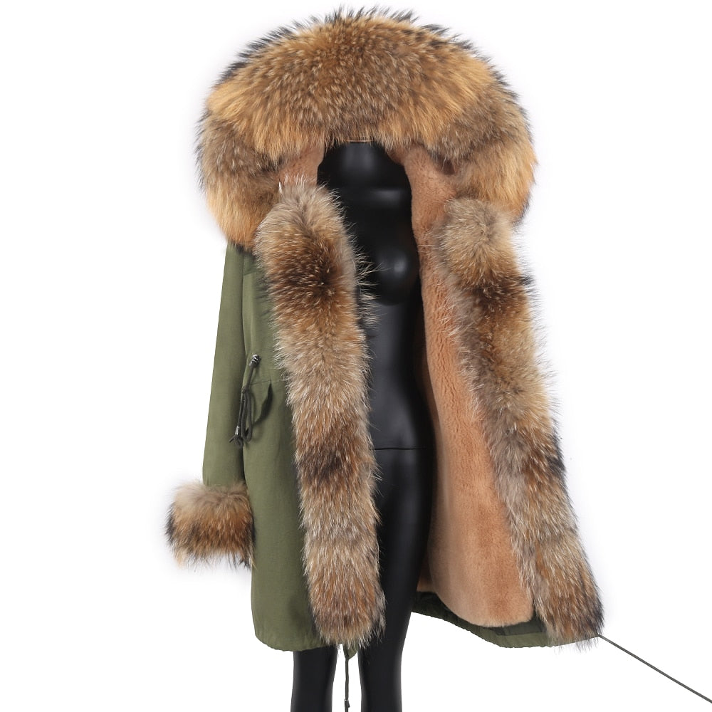 Fashion Big Fur Outerwear Detachable Winter Jacket Women Real Fur Liner Natural Real Silve Fur Collar Loose Long Parkas