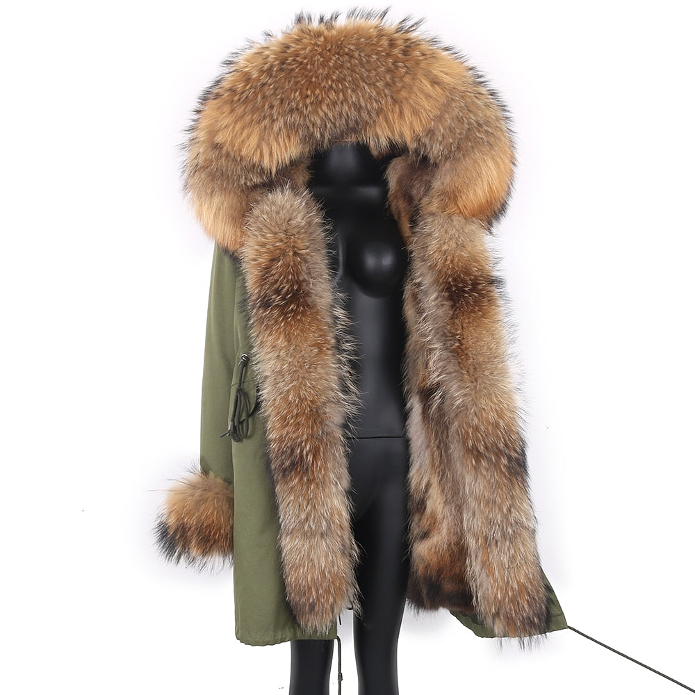 Fashion Big Fur Outerwear Detachable Winter Jacket Women Real Fur Liner Natural Real Silve Fur Collar Loose Long Parkas