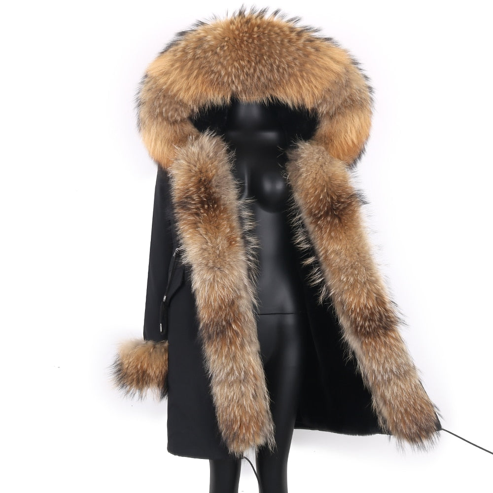 Fashion Big Fur Outerwear Detachable Winter Jacket Women Real Fur Liner Natural Real Silve Fur Collar Loose Long Parkas