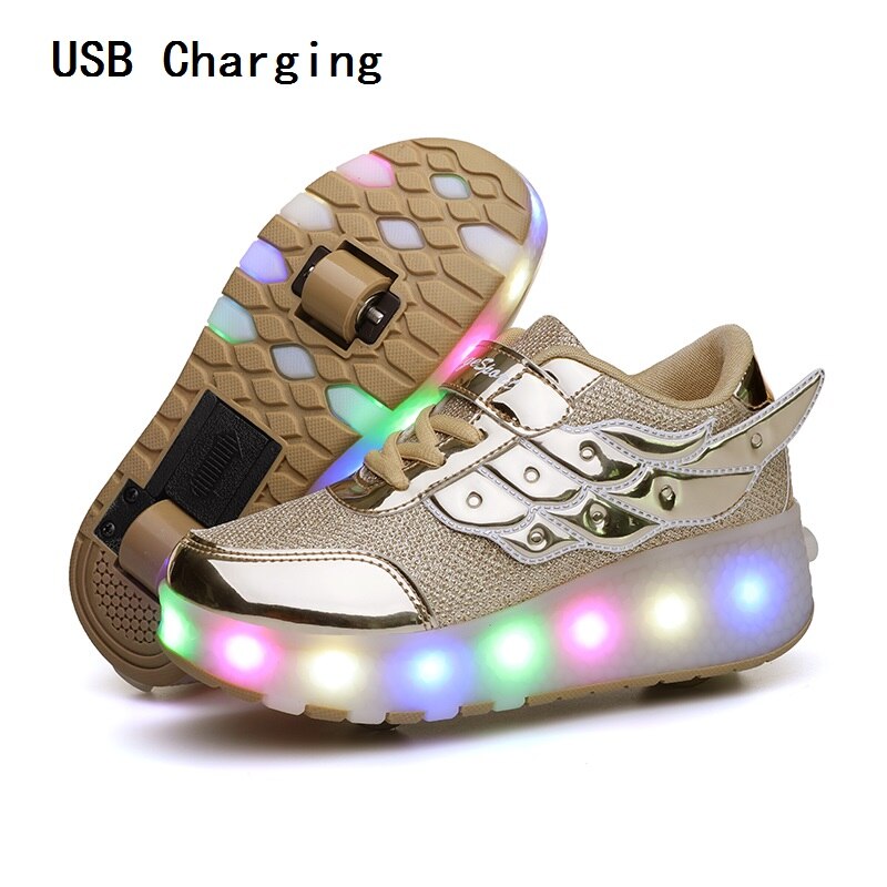 Children One Two Wheels Luminous Glowing Sneakers Gold Pink Led Light Roller Skate Shoes unisex usb charging