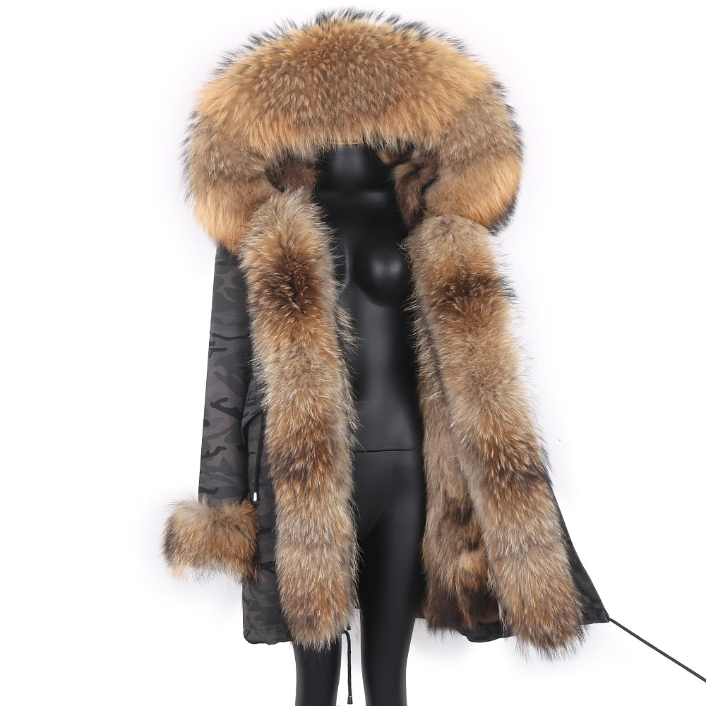 Fashion Big Fur Outerwear Detachable Winter Jacket Women Real Fur Liner Natural Real Silve Fur Collar Loose Long Parkas
