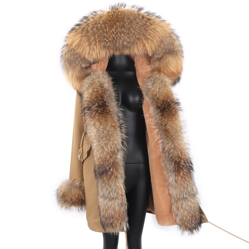 Fashion Big Fur Outerwear Detachable Winter Jacket Women Real Fur Liner Natural Real Silve Fur Collar Loose Long Parkas