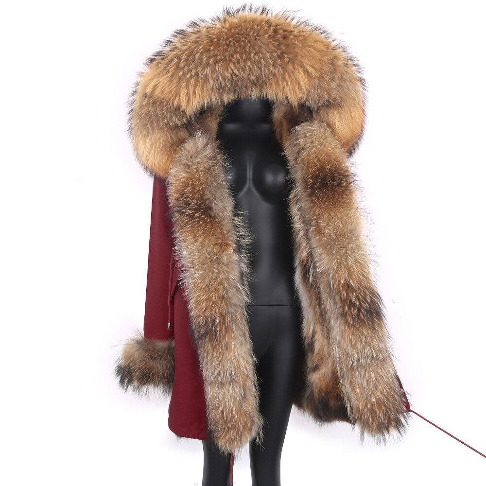 Fashion Big Fur Outerwear Detachable Winter Jacket Women Real Fur Liner Natural Real Silve Fur Collar Loose Long Parkas