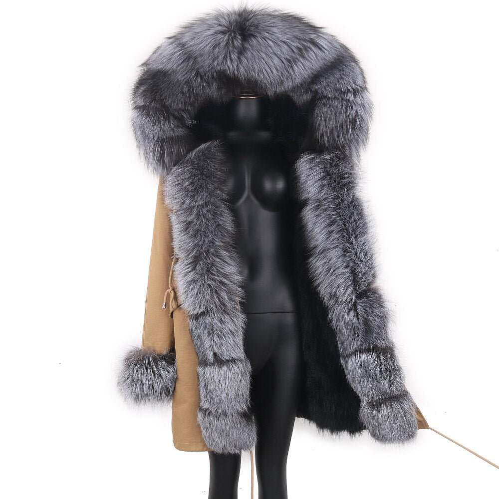 Fashion Big Fur Outerwear Detachable Winter Jacket Women Real Fur Liner Natural Real Silve Fur Collar Loose Long Parkas