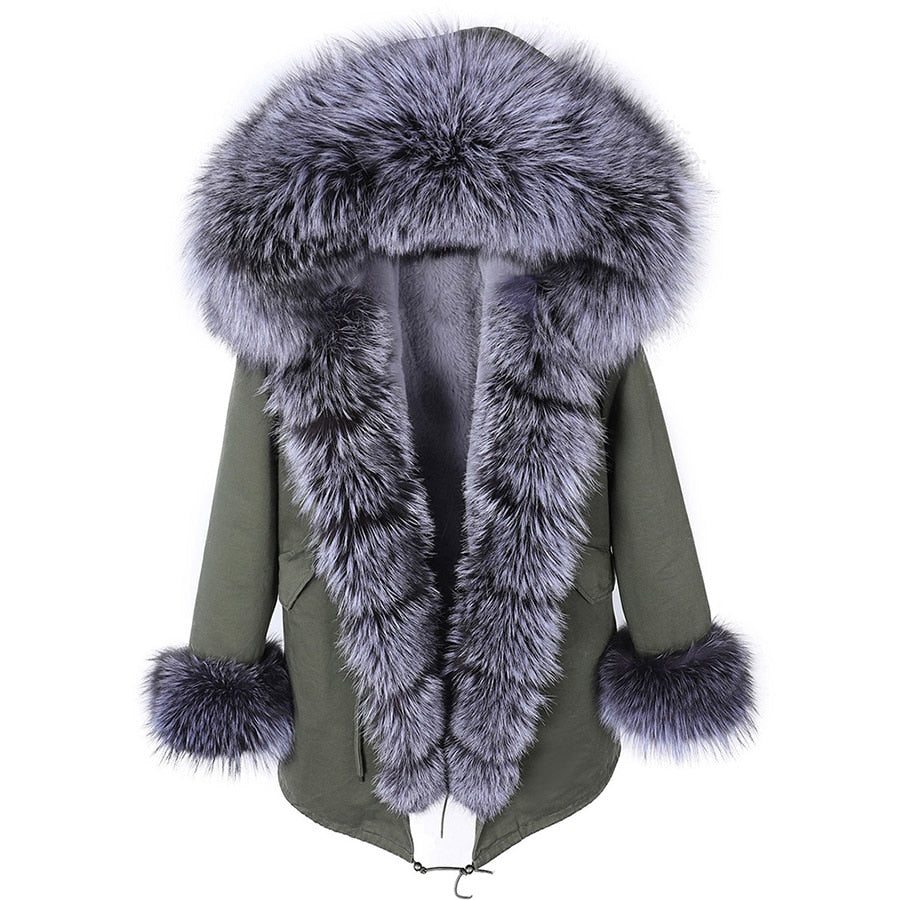 Fashion Big Fur Outerwear Detachable Winter Jacket Women Real Fur Liner Natural Real Silve Fur Collar Loose Long Parkas