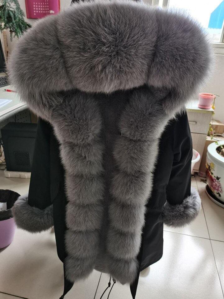 Fashion Big Fur Outerwear Detachable Winter Jacket Women Real Fur Liner Natural Real Silve Fur Collar Loose Long Parkas