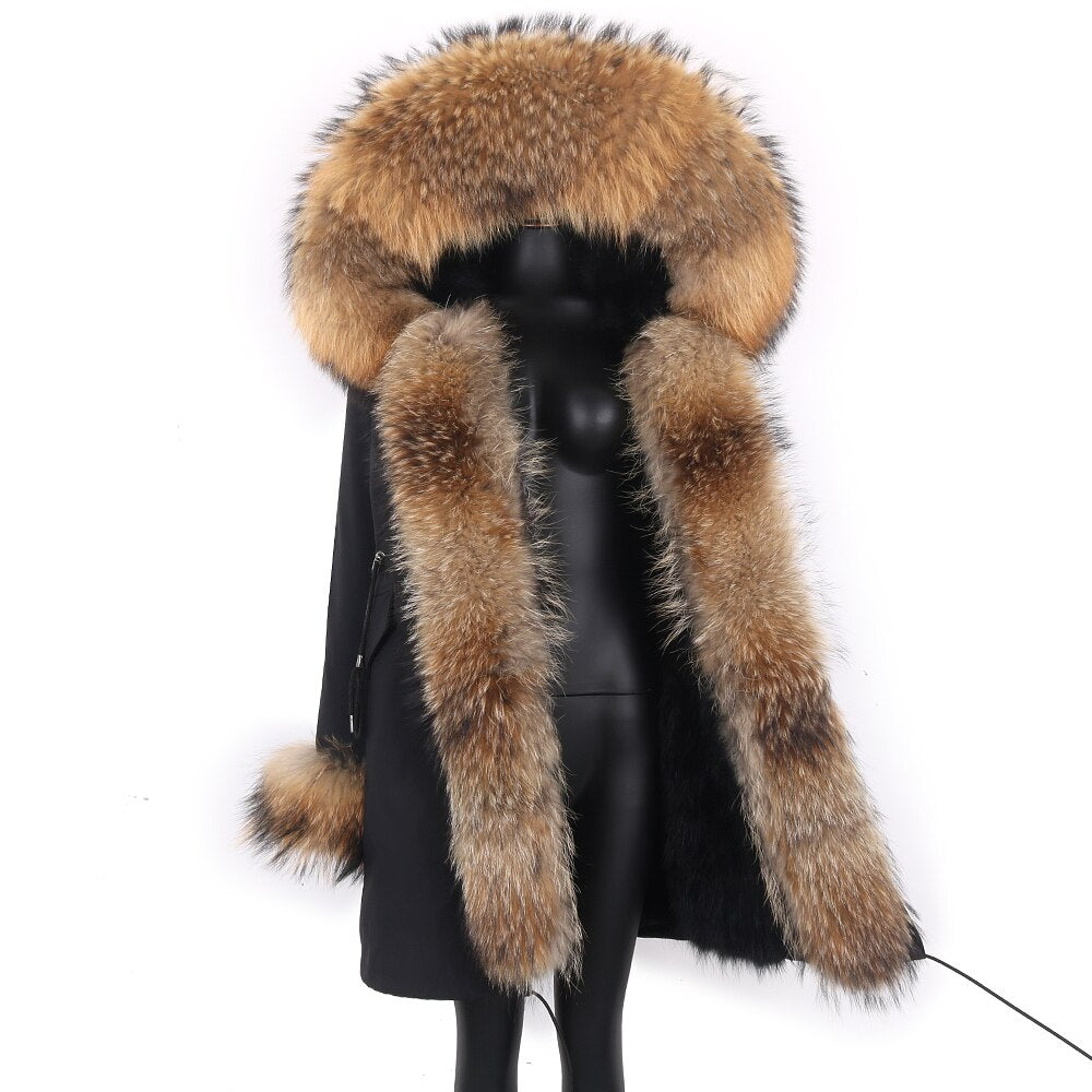 Fashion Big Fur Outerwear Detachable Winter Jacket Women Real Fur Liner Natural Real Silve Fur Collar Loose Long Parkas