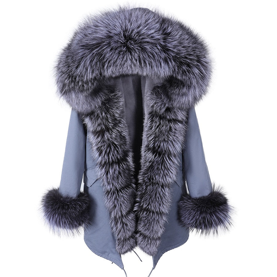 Fashion Big Fur Outerwear Detachable Winter Jacket Women Real Fur Liner Natural Real Silve Fur Collar Loose Long Parkas