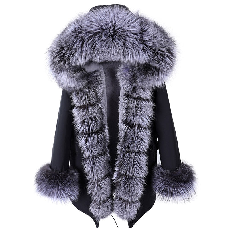 Fashion Big Fur Outerwear Detachable Winter Jacket Women Real Fur Liner Natural Real Silve Fur Collar Loose Long Parkas