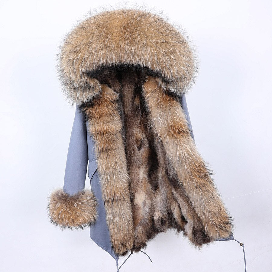 Fashion Big Fur Outerwear Detachable Winter Jacket Women Real Fur Liner Natural Real Silve Fur Collar Loose Long Parkas