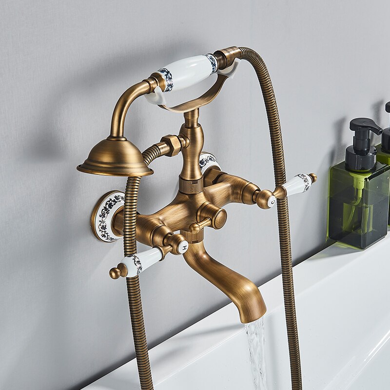 Rozin Retro Style Brass Bathtub Shower Faucet Set Dual Knobs Wall Mounted Bathtub Mixer with Handshower and Swivel Tub Spout Tap