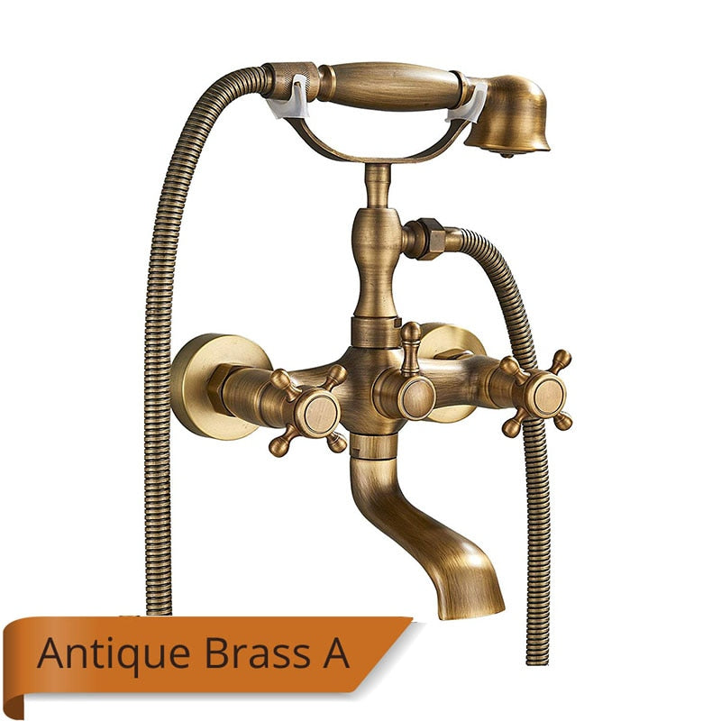 Rozin Retro Style Brass Bathtub Shower Faucet Set Dual Knobs Wall Mounted Bathtub Mixer with Handshower and Swivel Tub Spout Tap