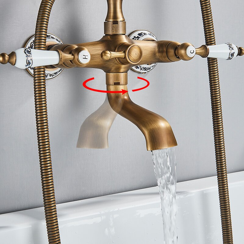 Rozin Retro Style Brass Bathtub Shower Faucet Set Dual Knobs Wall Mounted Bathtub Mixer with Handshower and Swivel Tub Spout Tap