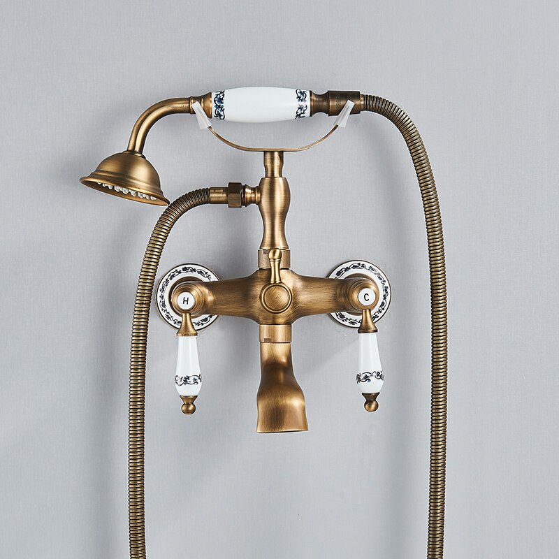 Rozin Retro Style Brass Bathtub Shower Faucet Set Dual Knobs Wall Mounted Bathtub Mixer with Handshower and Swivel Tub Spout Tap