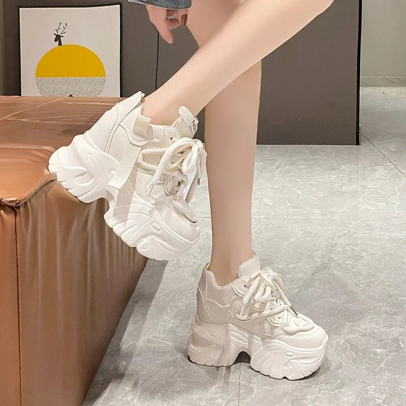 Women Walking Sneakers Lace-up High Platform Chunky Shoes Breathable Leather Shoes 10CM Winter Wedge Heels Casual Shoes