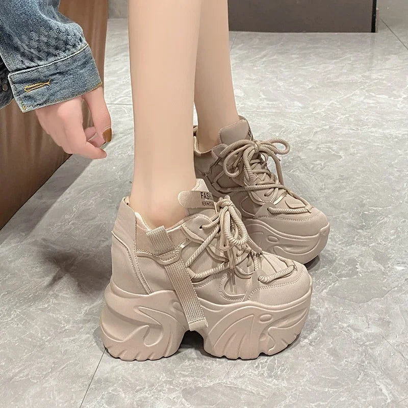 Women Walking Sneakers Lace-up High Platform Chunky Shoes Breathable Leather Shoes 10CM Winter Wedge Heels Casual Shoes