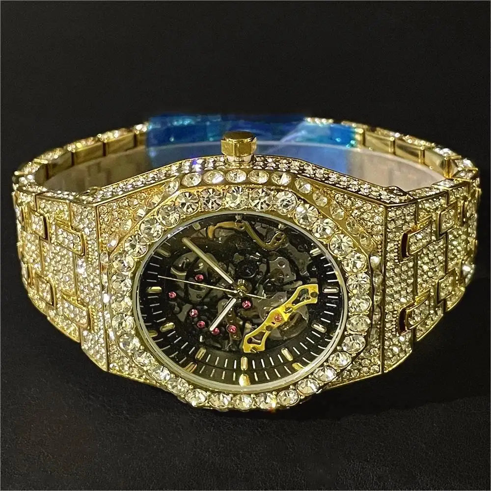 Luxury Automatic Mechanical Watch Men  Brand MISSFOX Steel Full Iced Diamond Jewelry Gold Wristwatch