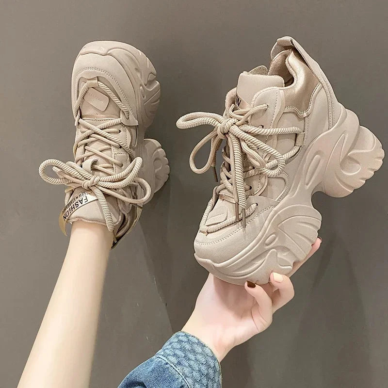 Women Walking Sneakers Lace-up High Platform Chunky Shoes Breathable Leather Shoes 10CM Winter Wedge Heels Casual Shoes