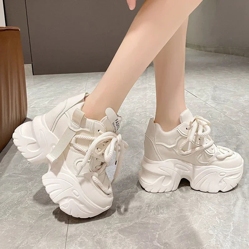 Women Walking Sneakers Lace-up High Platform Chunky Shoes Breathable Leather Shoes 10CM Winter Wedge Heels Casual Shoes