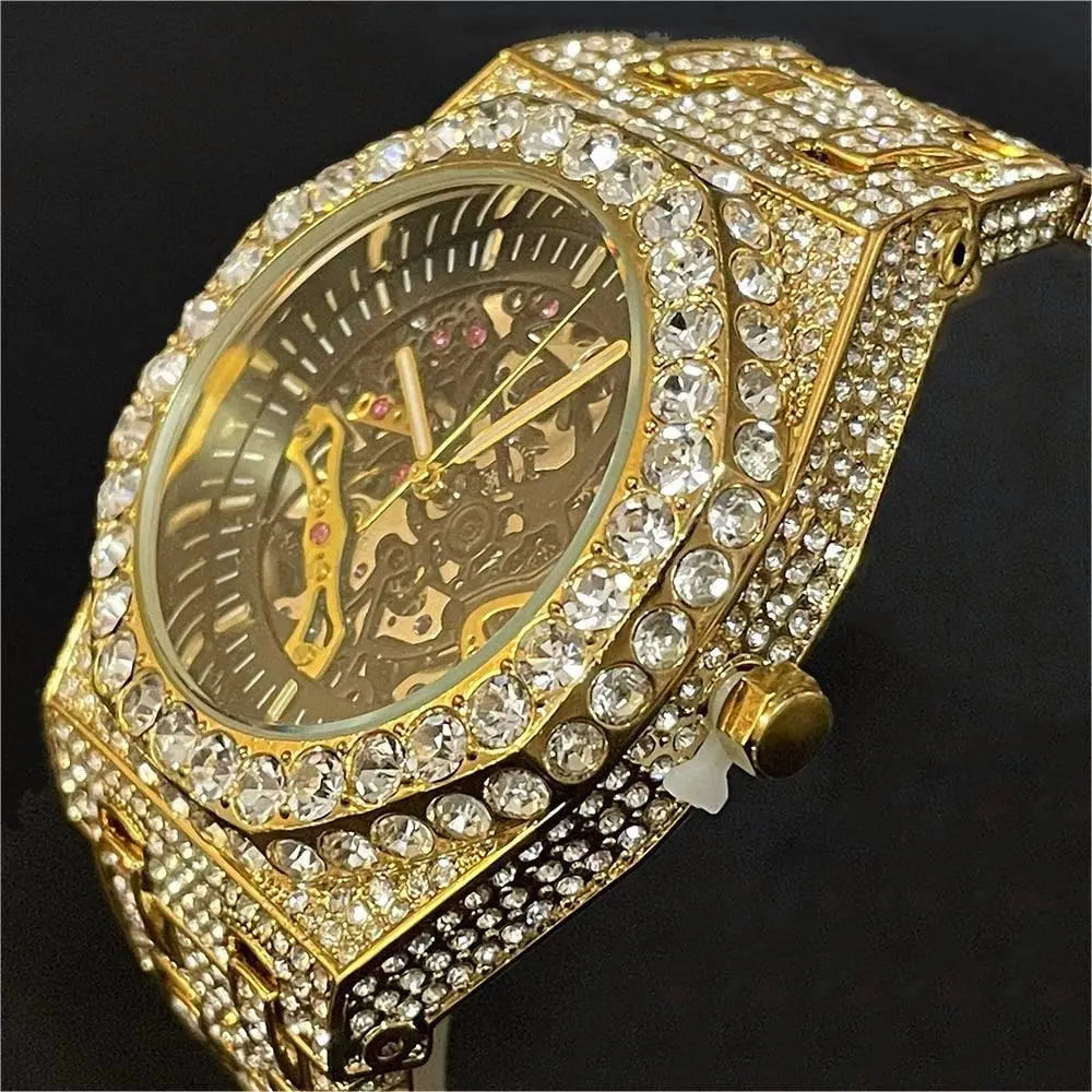 Luxury Automatic Mechanical Watch Men  Brand MISSFOX Steel Full Iced Diamond Jewelry Gold Wristwatch