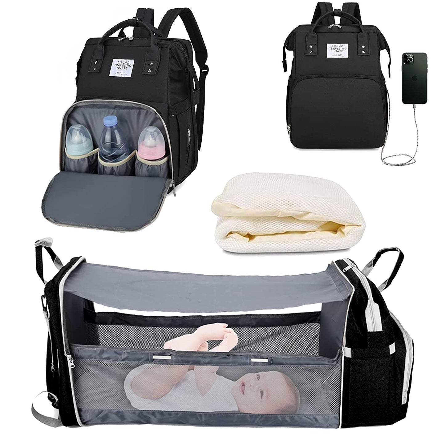 Fashion Portable Folding Crib Diaper Bag Multi-Function Large Capacity Baby Backpack Diaper Bag Baby Stroller Organizer Bag