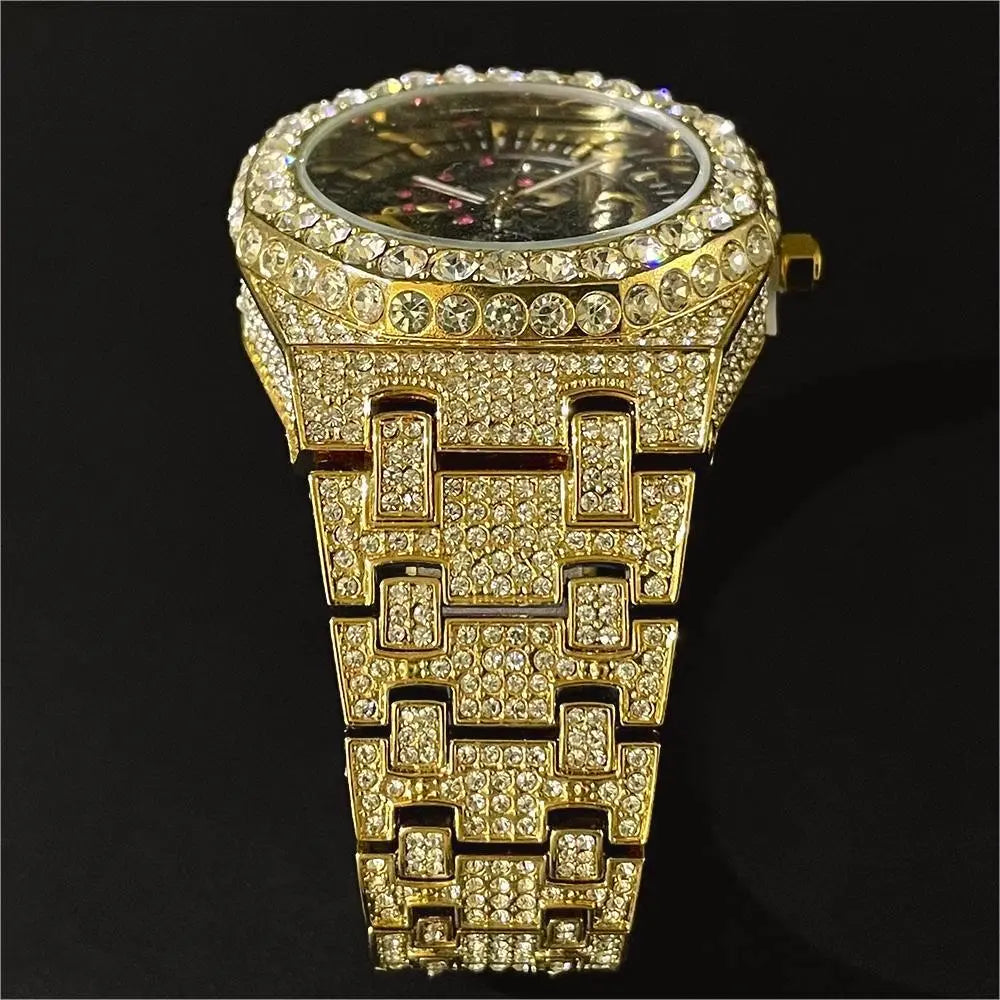 Luxury Automatic Mechanical Watch Men  Brand MISSFOX Steel Full Iced Diamond Jewelry Gold Wristwatch