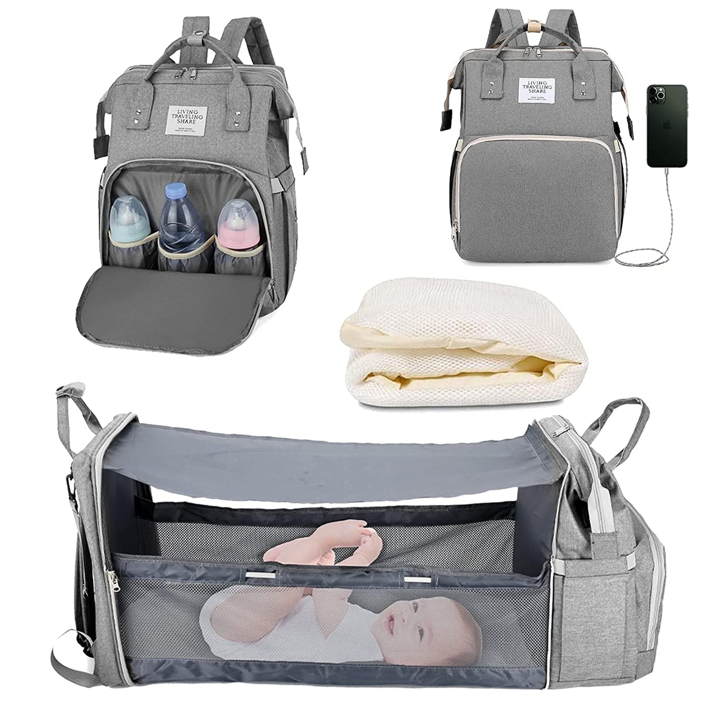 Fashion Portable Folding Crib Diaper Bag Multi-Function Large Capacity Baby Backpack Diaper Bag Baby Stroller Organizer Bag