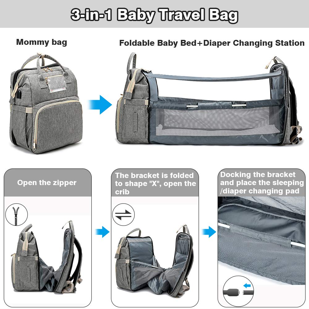 Fashion Portable Folding Crib Diaper Bag Multi-Function Large Capacity Baby Backpack Diaper Bag Baby Stroller Organizer Bag