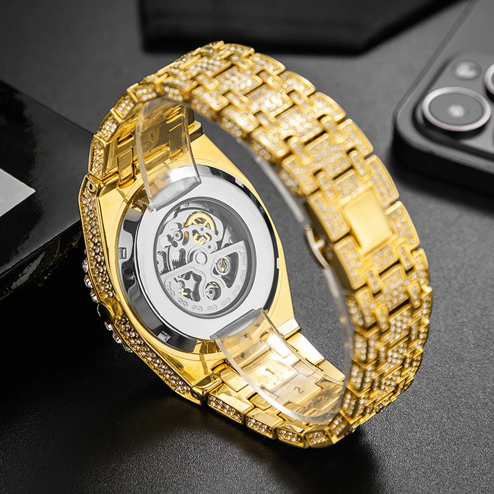 Luxury Automatic Mechanical Watch Men  Brand MISSFOX Steel Full Iced Diamond Jewelry Gold Wristwatch