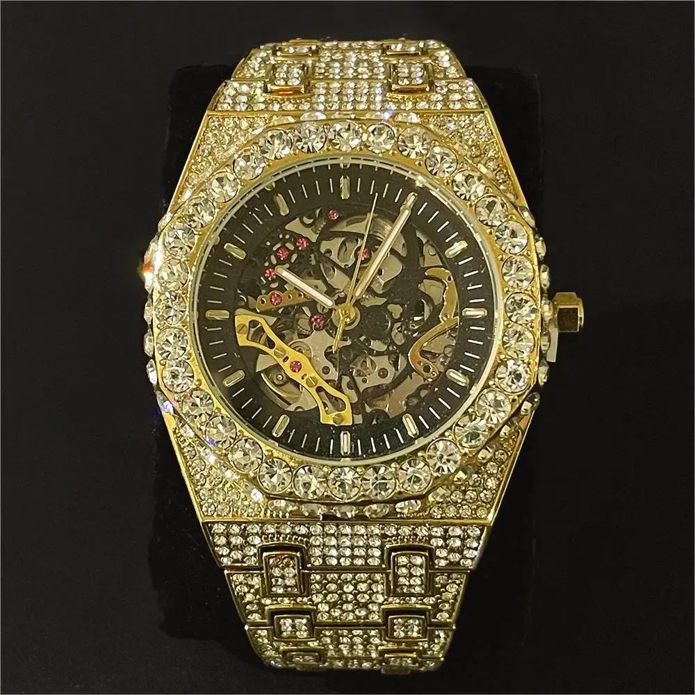 Luxury Automatic Mechanical Watch Men  Brand MISSFOX Steel Full Iced Diamond Jewelry Gold Wristwatch