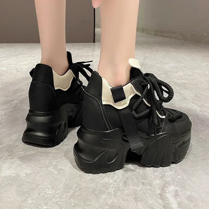 Women Walking Sneakers Lace-up High Platform Chunky Shoes Breathable Leather Shoes 10CM Winter Wedge Heels Casual Shoes