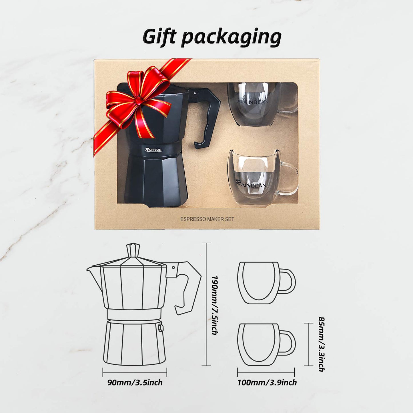 Espresso Cup Moka Pot Classic Cafe Maker Percolator Coffee Maker Italian Espresso for Gas or Electric Aluminum Black Gift package with 2 cups