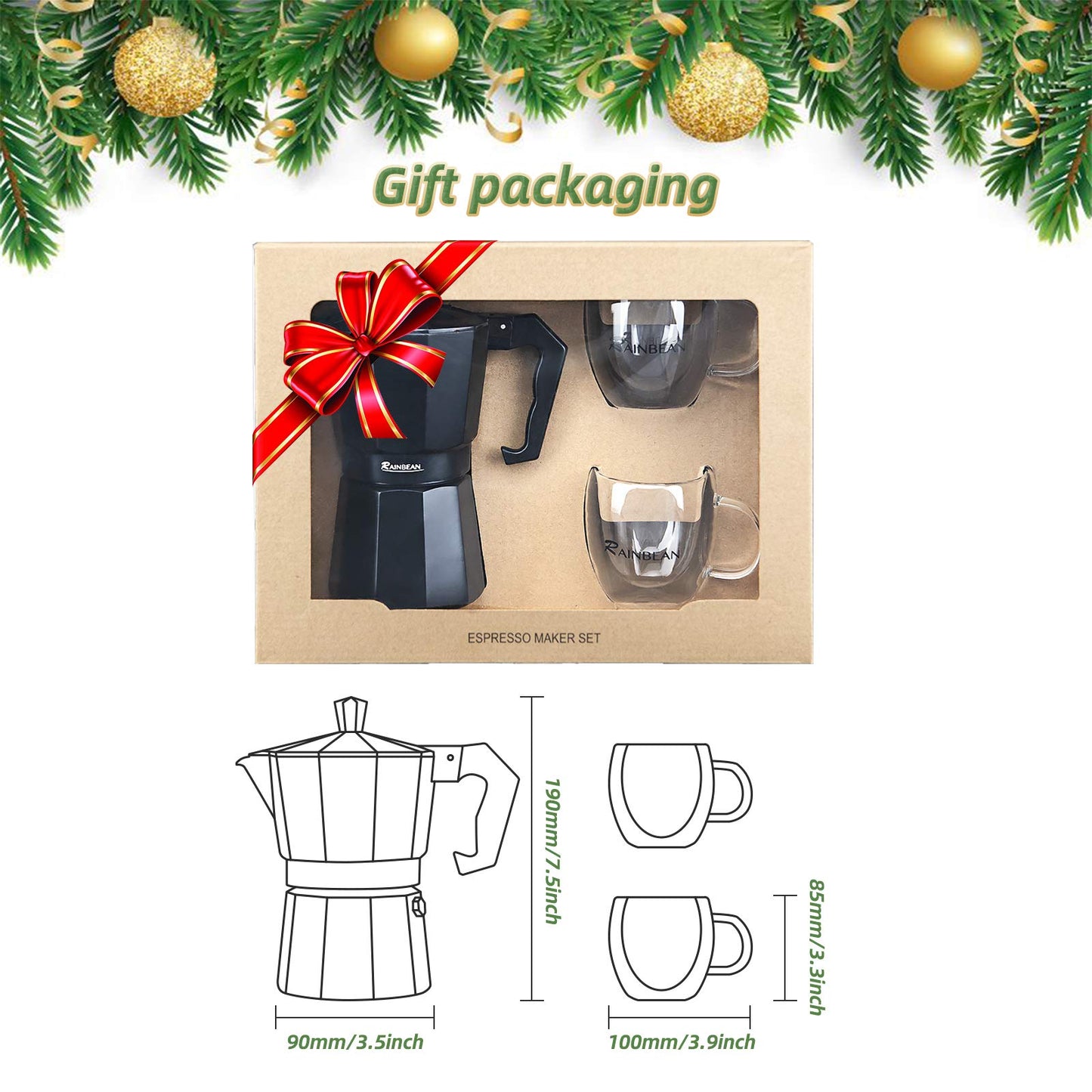 Espresso Cup Moka Pot Classic Cafe Maker Percolator Coffee Maker Italian Espresso for Gas or Electric Aluminum Black Gift package with 2 cups