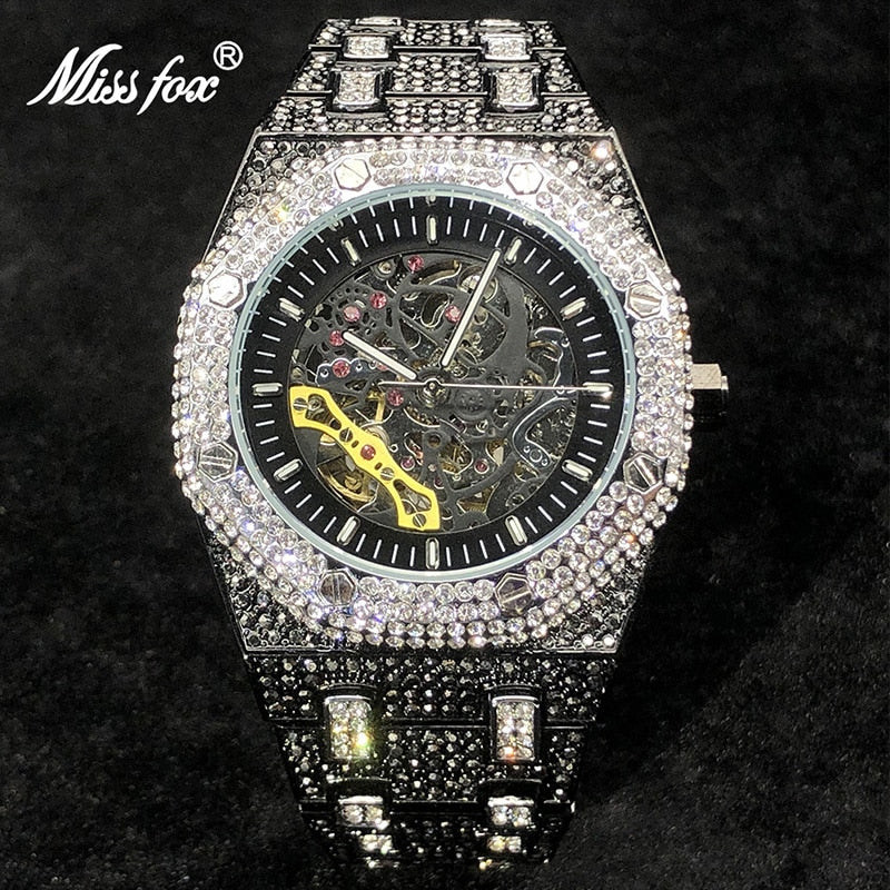 Full Diamond Automatic Mechanical Watches Men Luxury Steel Skeleton Watch