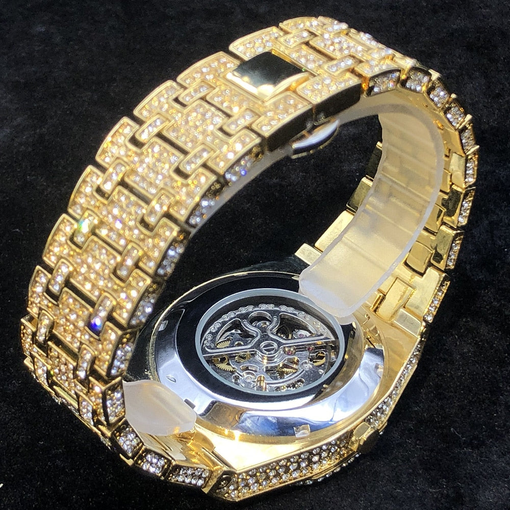 Full Diamond Automatic Mechanical Watches Men Luxury Steel Skeleton Watch