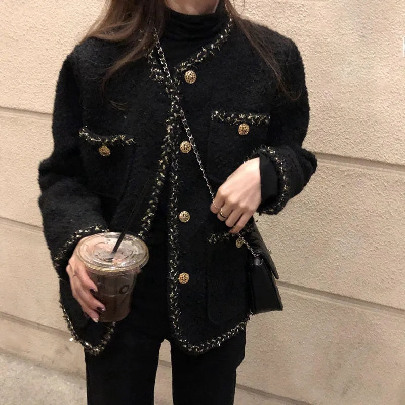 Korean Style Tweed jackets Women Elegant Blend Wool Coat With Pockets Female 2021 Autumn Single Breasted Outwear Office Lady