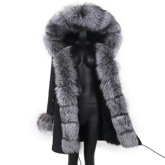 Fashion Big Fur Outerwear Detachable Winter Jacket Women Real Fur Liner Natural Real Silve Fur Collar Loose Long Parkas