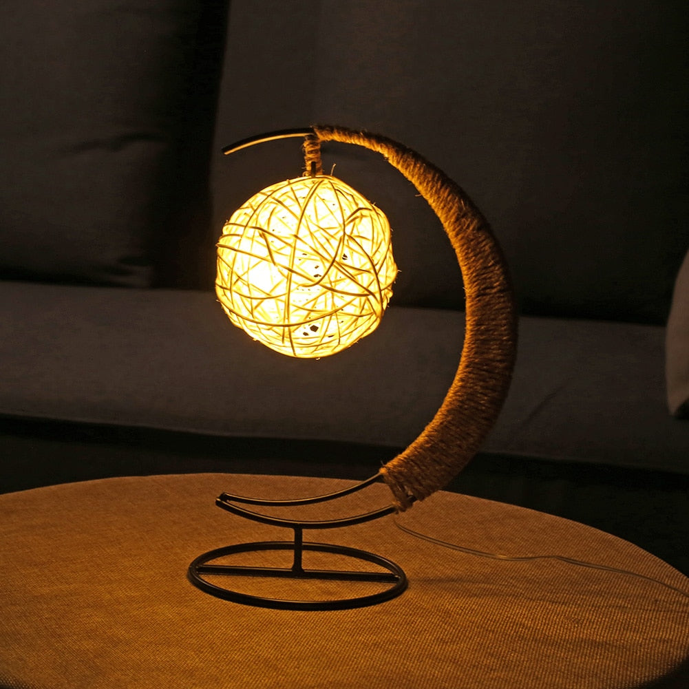 USB LED Moon Sepak Takraw Lamp Line Rattan Handmade Hemp Rope Wrought Iron Night Light Home Decoration Sleeping Lantern Light