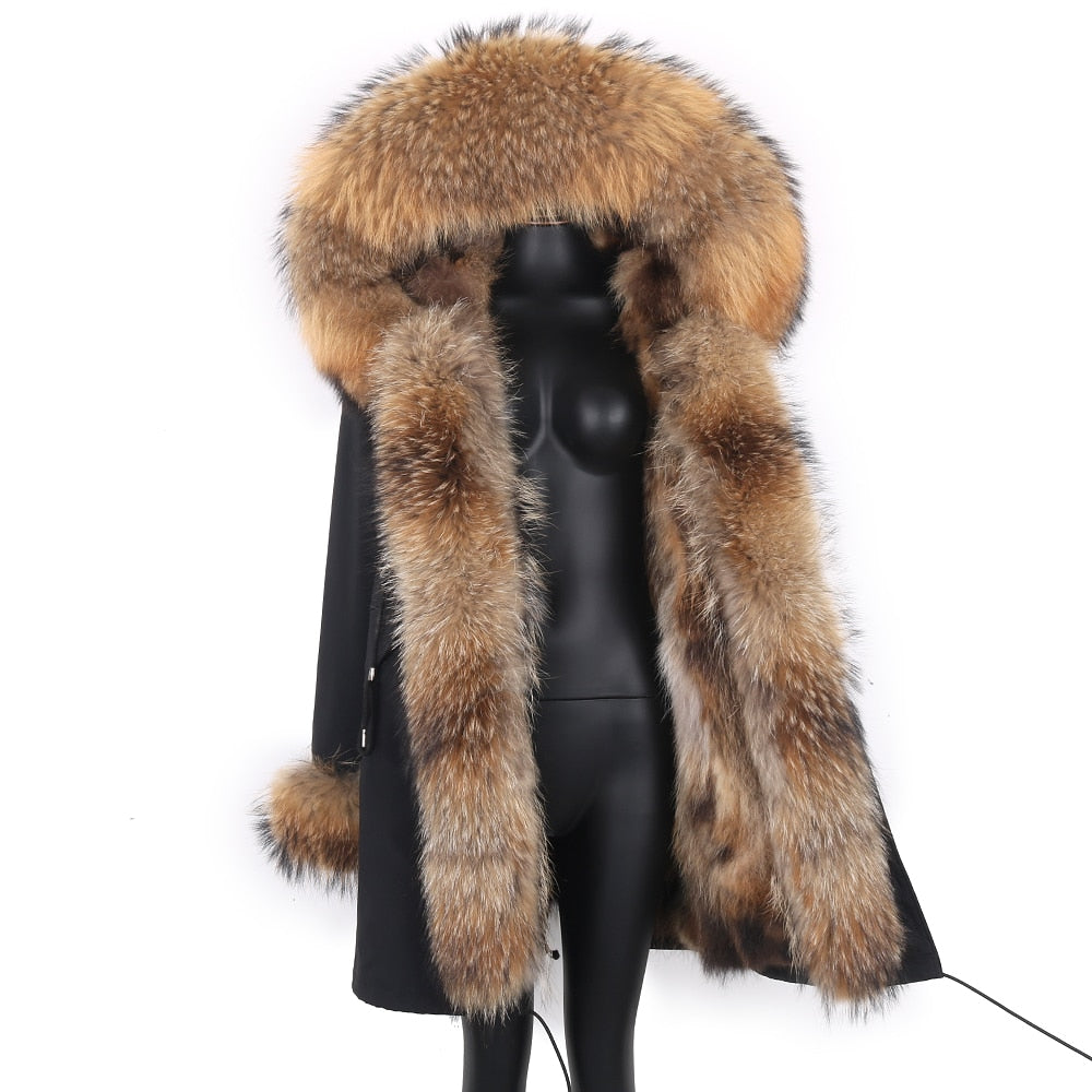 Fashion Big Fur Outerwear Detachable Winter Jacket Women Real Fur Liner Natural Real Silve Fur Collar Loose Long Parkas