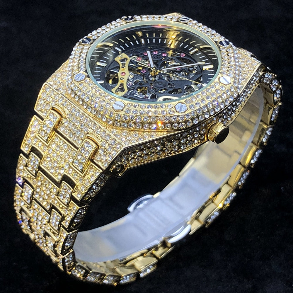 Full Diamond Automatic Mechanical Watches Men Luxury Steel Skeleton Watch