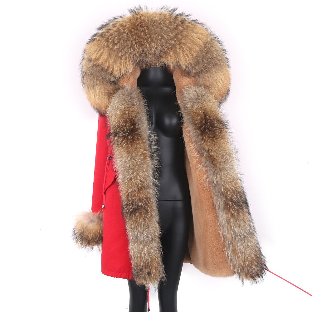 Fashion Big Fur Outerwear Detachable Winter Jacket Women Real Fur Liner Natural Real Silve Fur Collar Loose Long Parkas