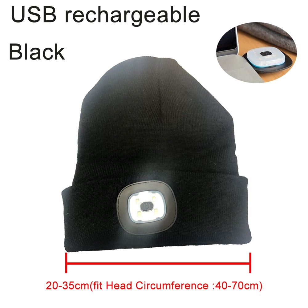 Mens Women Beanie Hat LED Light USB Rechargeable Battery Knitted Warm hat Walking night running mountain climbing hat