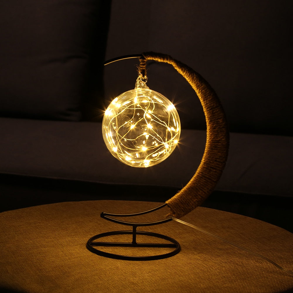 USB LED Moon Sepak Takraw Lamp Line Rattan Handmade Hemp Rope Wrought Iron Night Light Home Decoration Sleeping Lantern Light