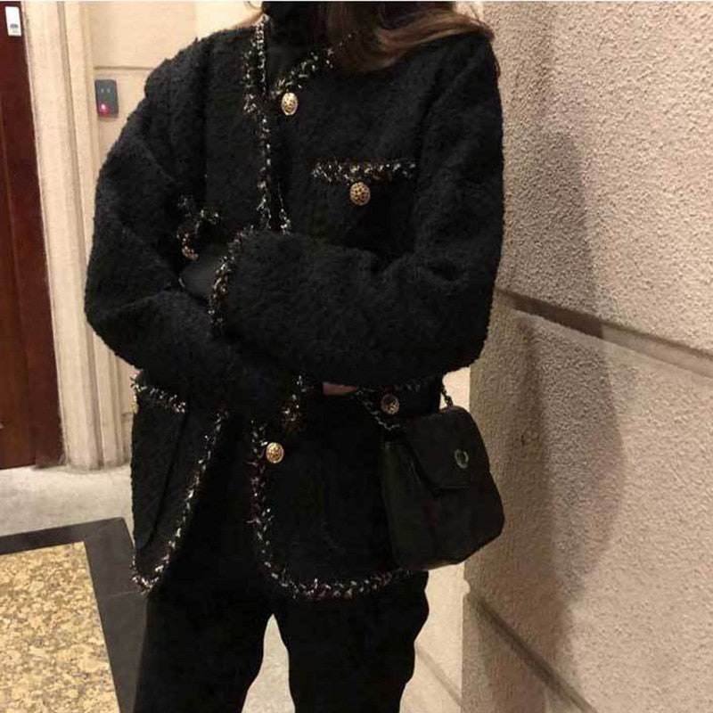 Korean Style Tweed jackets Women Elegant Blend Wool Coat With Pockets Female 2021 Autumn Single Breasted Outwear Office Lady