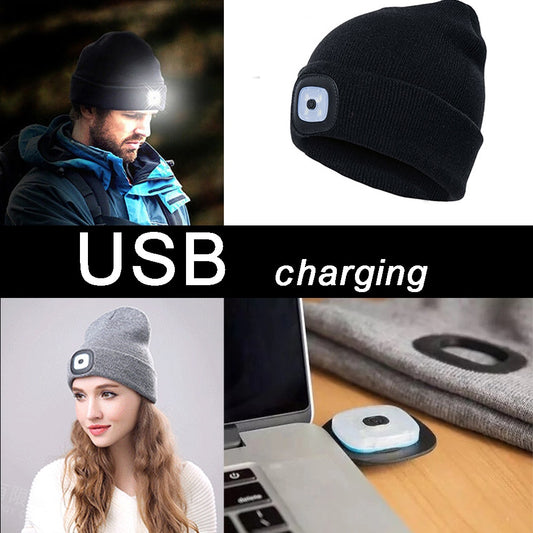 Mens Women Beanie Hat LED Light USB Rechargeable Battery Knitted Warm hat Walking night running mountain climbing hat