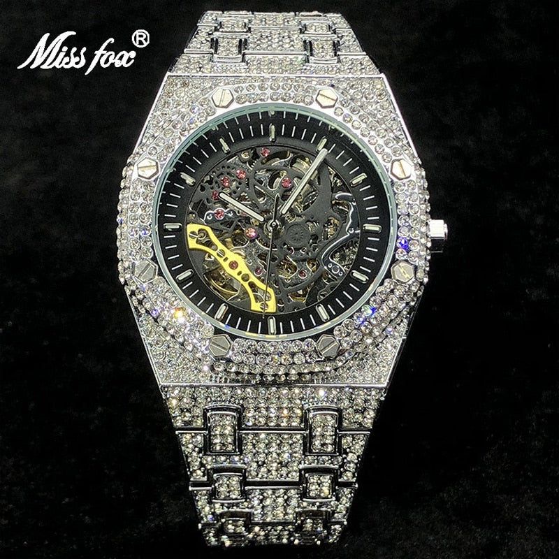 Full Diamond Automatic Mechanical Watches Men Luxury Steel Skeleton Watch