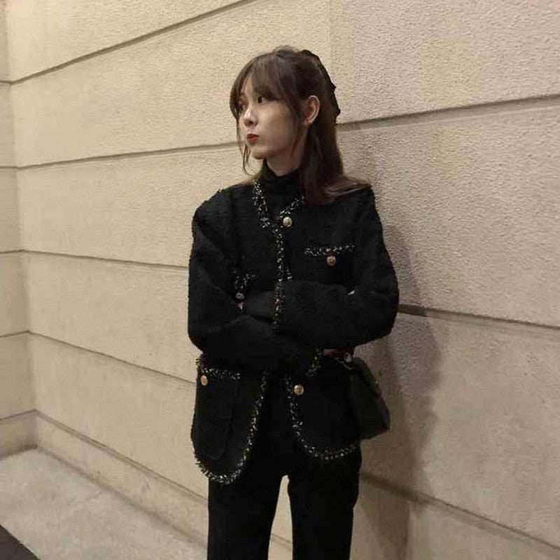 Korean Style Tweed jackets Women Elegant Blend Wool Coat With Pockets Female 2021 Autumn Single Breasted Outwear Office Lady