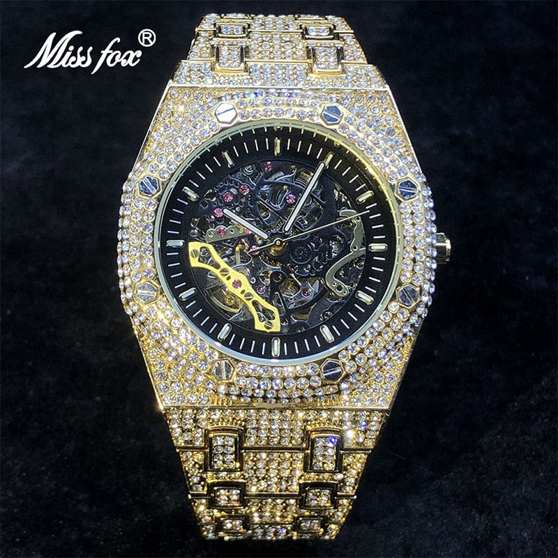 Full Diamond Automatic Mechanical Watches Men Luxury Steel Skeleton Watch