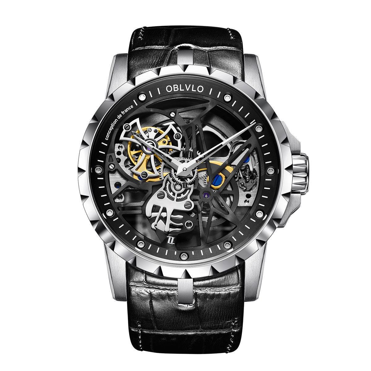 OBLVLO Luxury Sport Men Skeleton Automatically Watch Mechanical Calfskin Strap Waterproof Clock